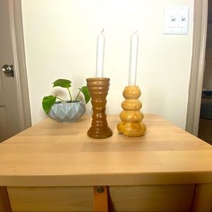 Wooden boho chic mismatched candlestick holders